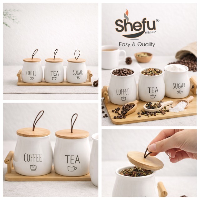 Shefu 3 in1 Coffee Tea & Sugar Canister Set WIth Wooden Tray (W string ...