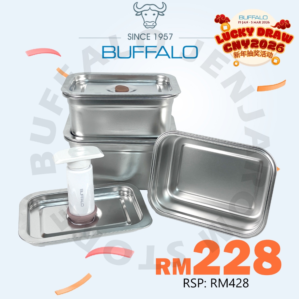 BUFFALO 3pcs Vacuum Food Container Lunch Boxes (1.2L/1.5L/2L) With Hand ...