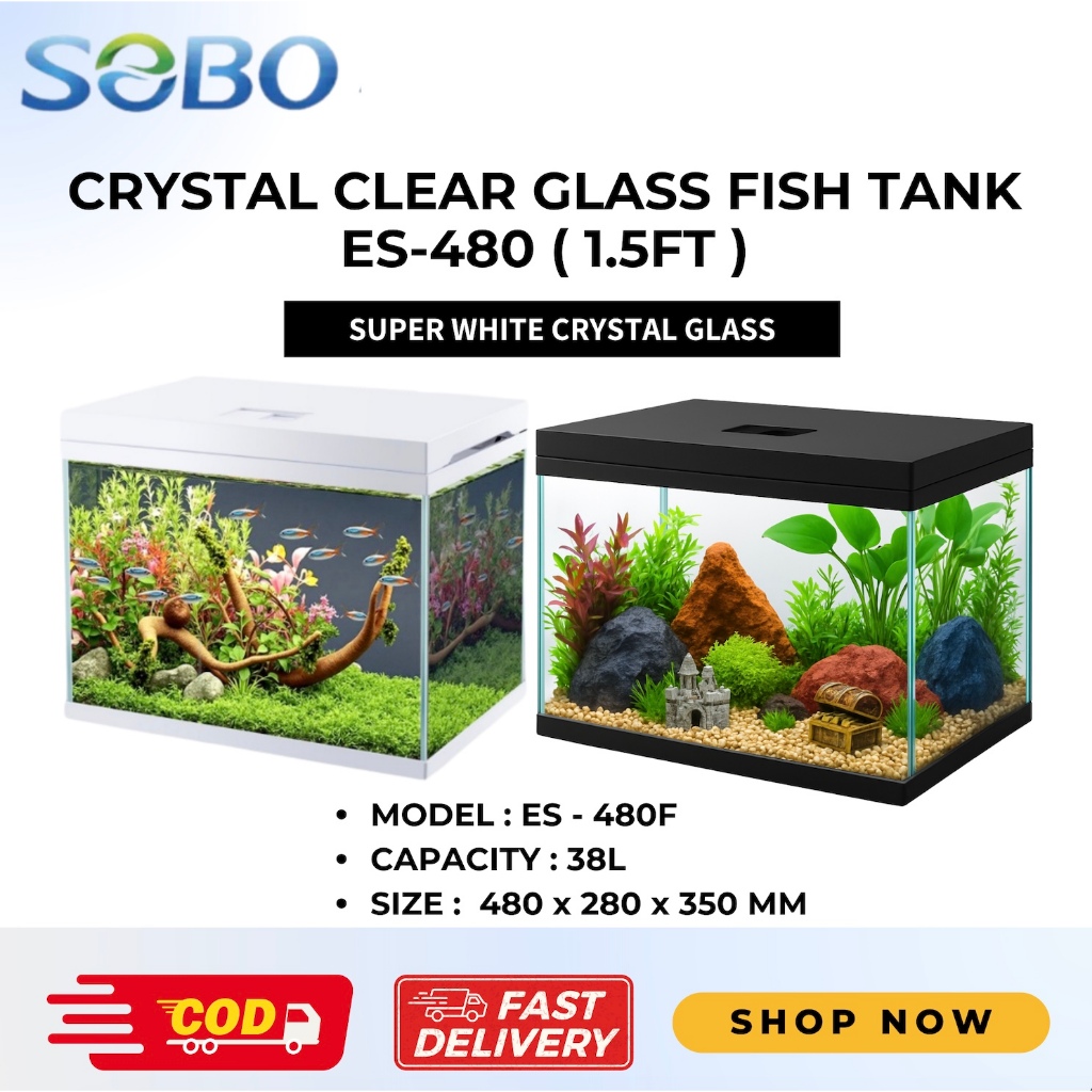 SOBO ES-480F Black / White Super Crystal Clear Glass Fish Aquarium Set ...