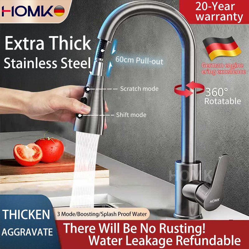 HOMK Kitchen Faucet Pull Out Tap 360° Rotating 304 Stainless Steel 3 ...