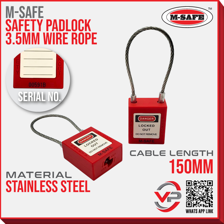 M-SAFE M-RPL-R SAFETY PADLOCK WITH STAINLESS STEEL 3.5MM WIRE ROPE ...