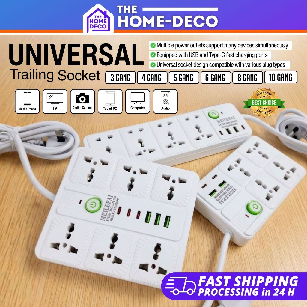 Universal Trailing Socket With USB Type-c Port Charging 3Pin Plug ...