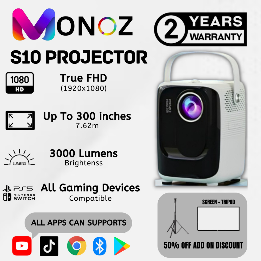 MONOZ S10 Projector 4K Laman Utama Android 11 Bluetooth 1080P Dwi WiFi ...