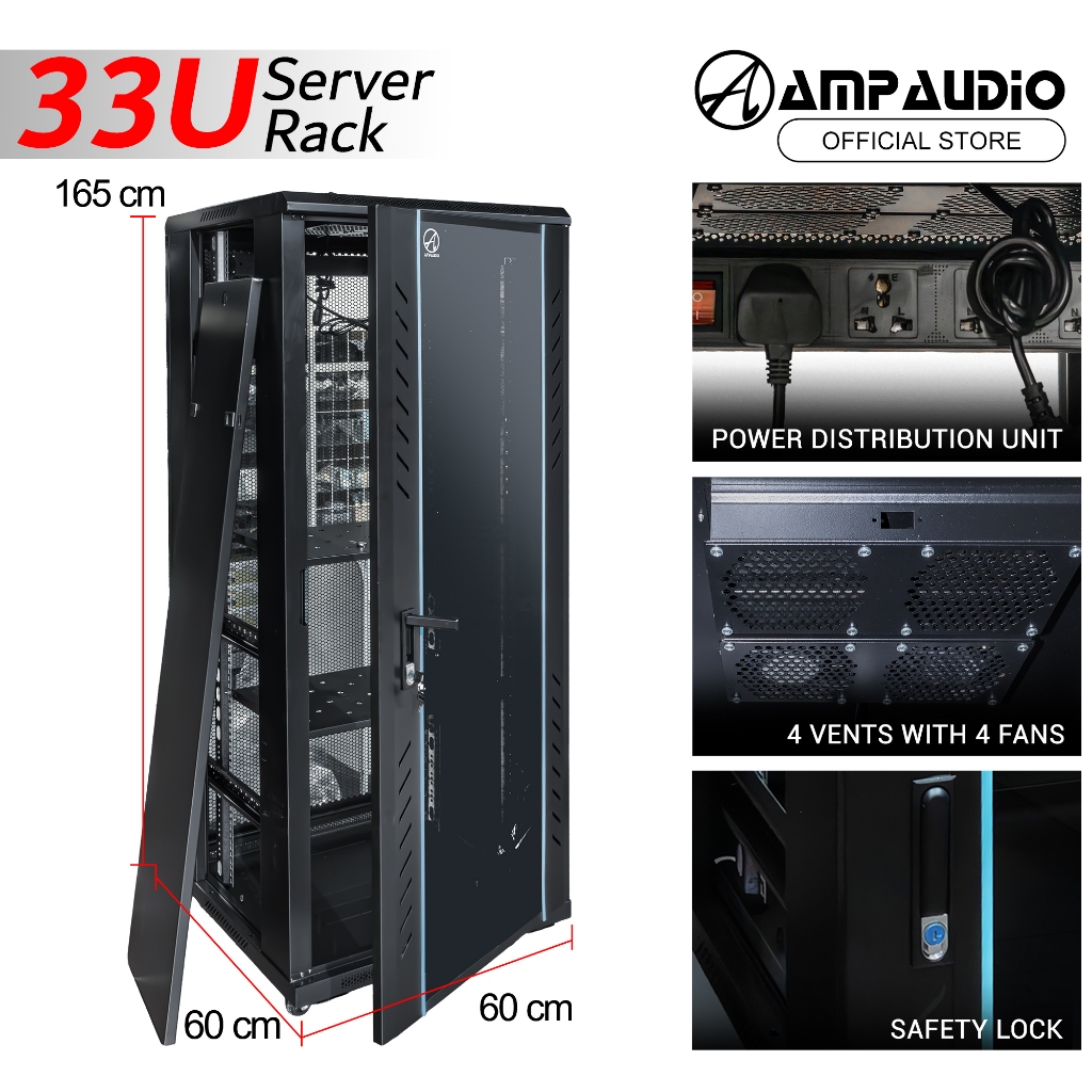 AmpAudio 33U Wall Mount Server Rack 60 cm Deep Cabinet Glass Door with ...