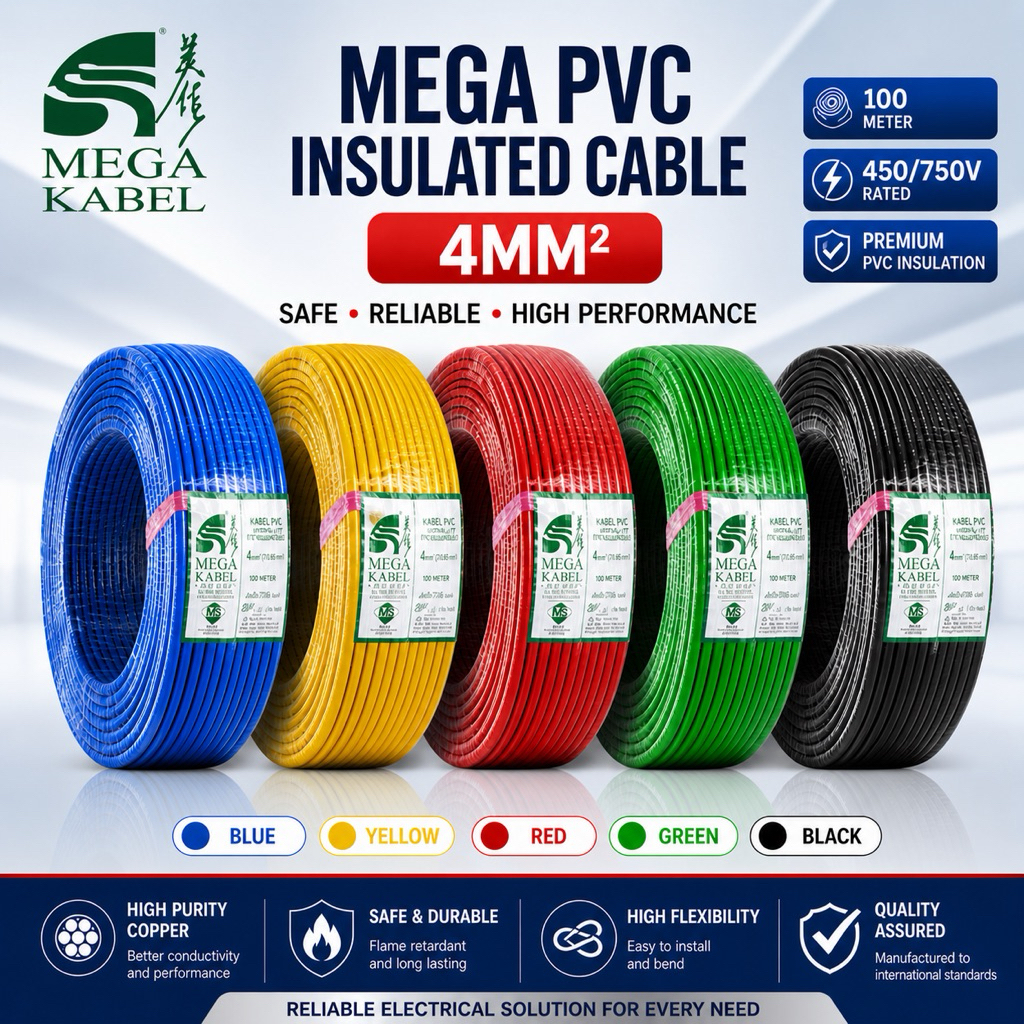 MEGA KABEL 4MM PVC Insulated Cable [1 Roll = 100 Meter] SIRIM + 100% ...