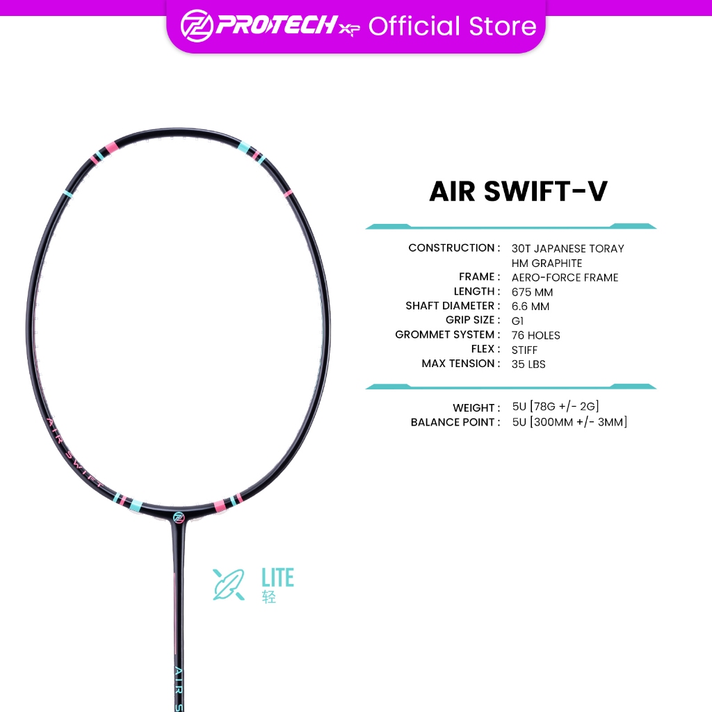 PROTECH AIR SWIFT-V (5UG1)(MAX 35LBS)(Lite Series) Badminton Racket ...