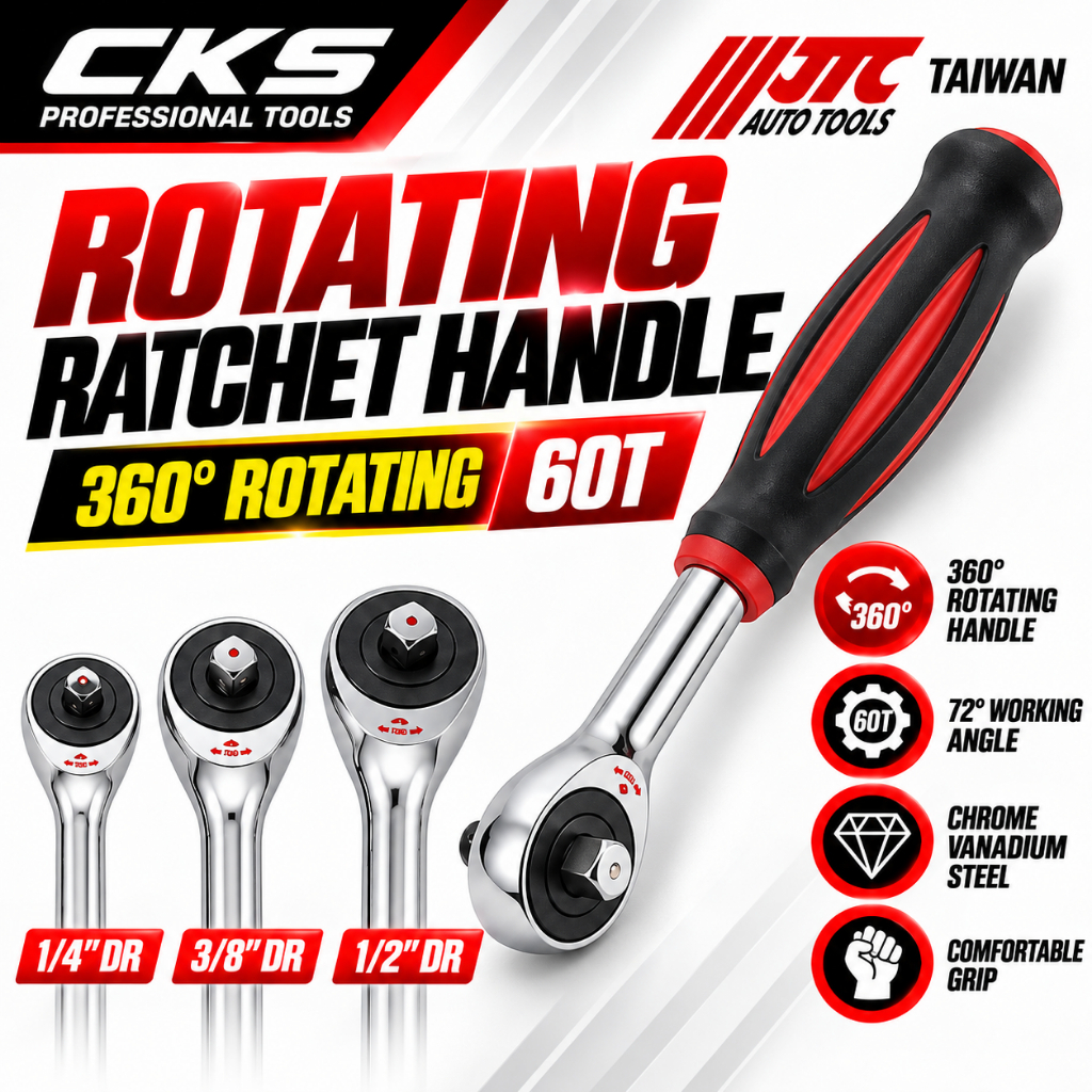 JTC 60T Rotating Ratchet Handle 360 Degree 1/4 3/8 1/2 Drive CR-V Steel ...