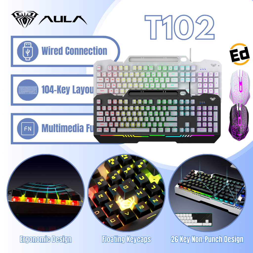 AULA T102 Wired Keyboard And Mouse Combo Set 104 Key RGB Backlit USB ...