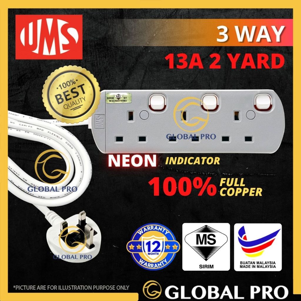 SIRIM UMS 8313-N 3 Way Trailing Socket Extension Plug Wayar Extension ...