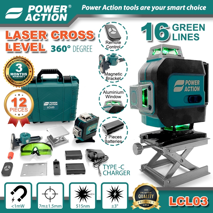 POWER ACTION Laser Level LCL03 Cross Line Laser Level Self-Leveling ...