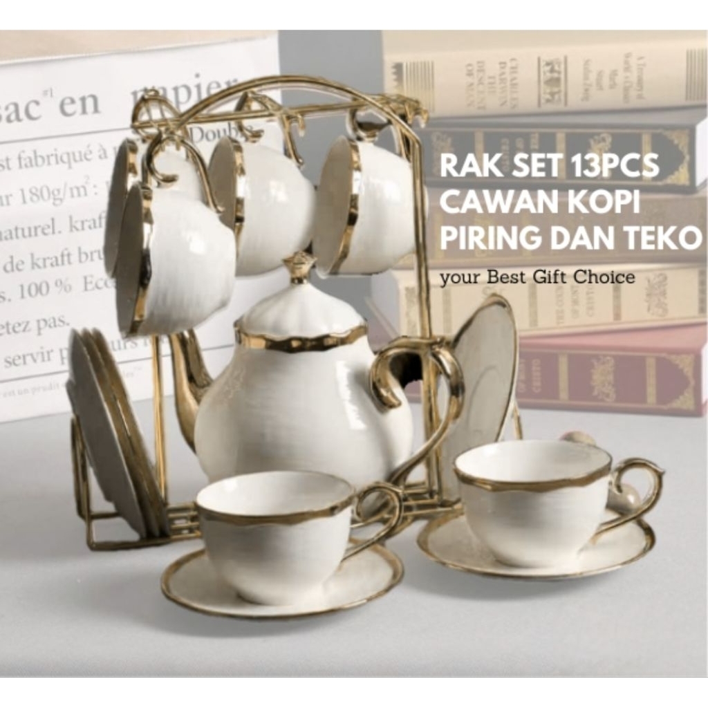 13pcs Cup Saucer Cawan Piring Teko Coffee Luxury Teapot Set Gold Line ...