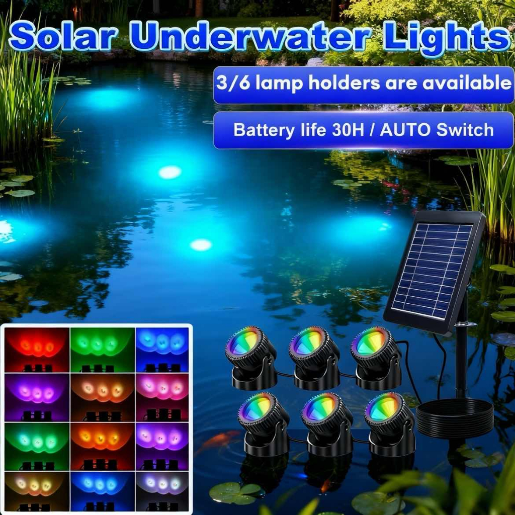 IP68 Waterproof 3-Head Solar Pond Lamp 3-Brightness Modes LED Light ...