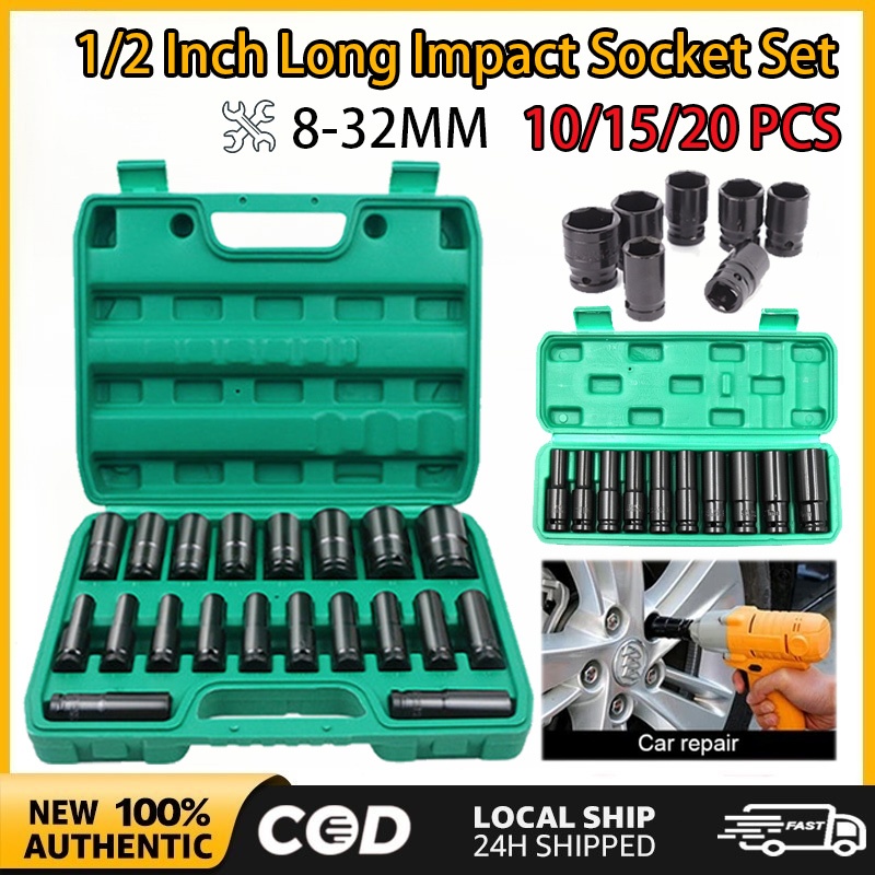 20pcs 1/2 Inch Long Impact Socket Set Black Deep Box Set Tool Set 8mm ...