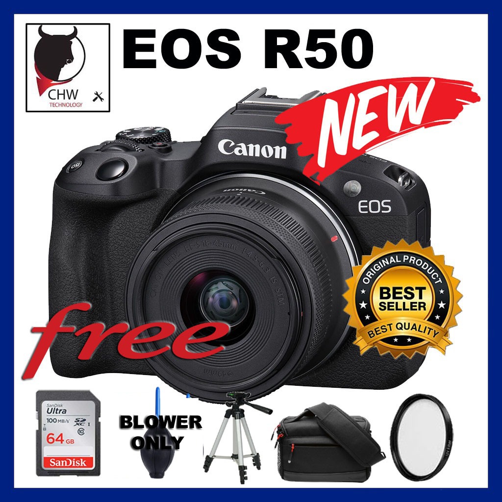 EOS R50 BODY/ KIT LENS 18-45MM FREE BAG, SD 64GB, UV FILTER, TRIPOD AND ...