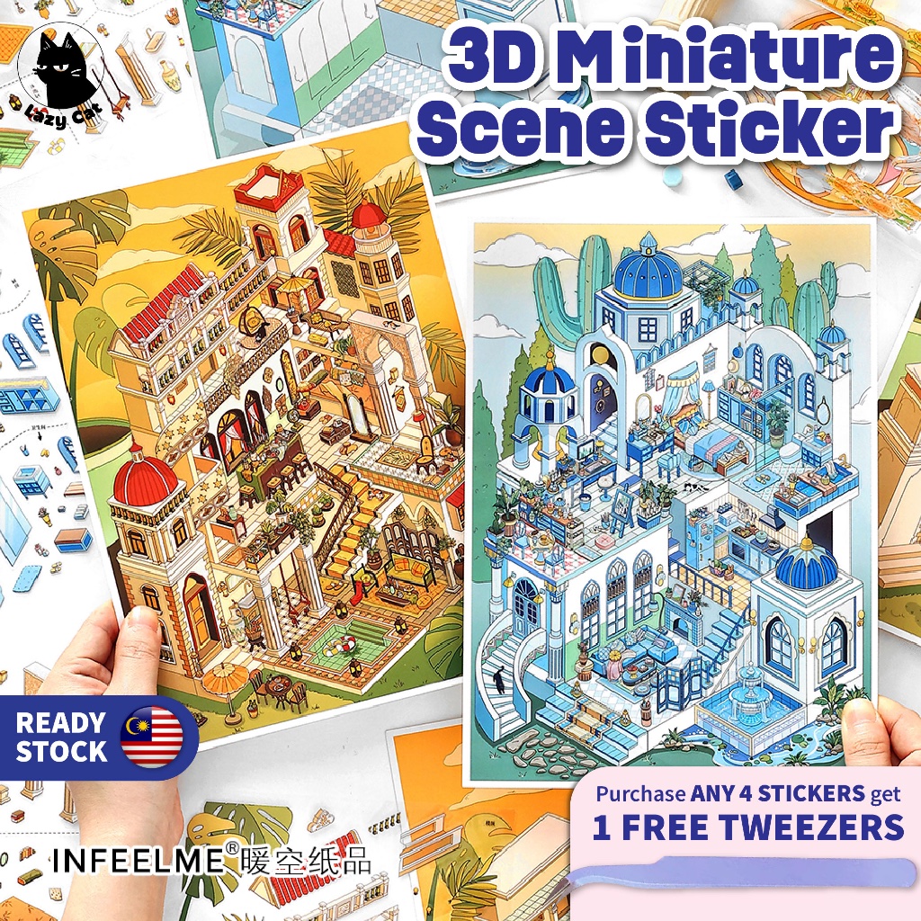Lazy Cat Infeelme 3D Miniature Scenes Sticker DIY Cute Cartoon Journal ...