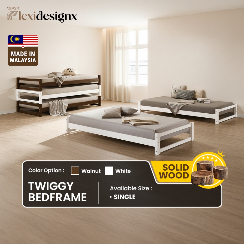 Standard Single Stackable Wooden Bed Frame Solid Wood White / Walnut ...