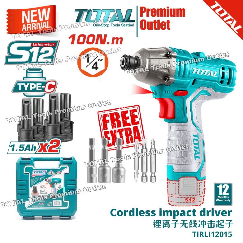 TOTAL Tools 12V Li-ion series Cordless impact driver 100Nm W/ 2pcs ...