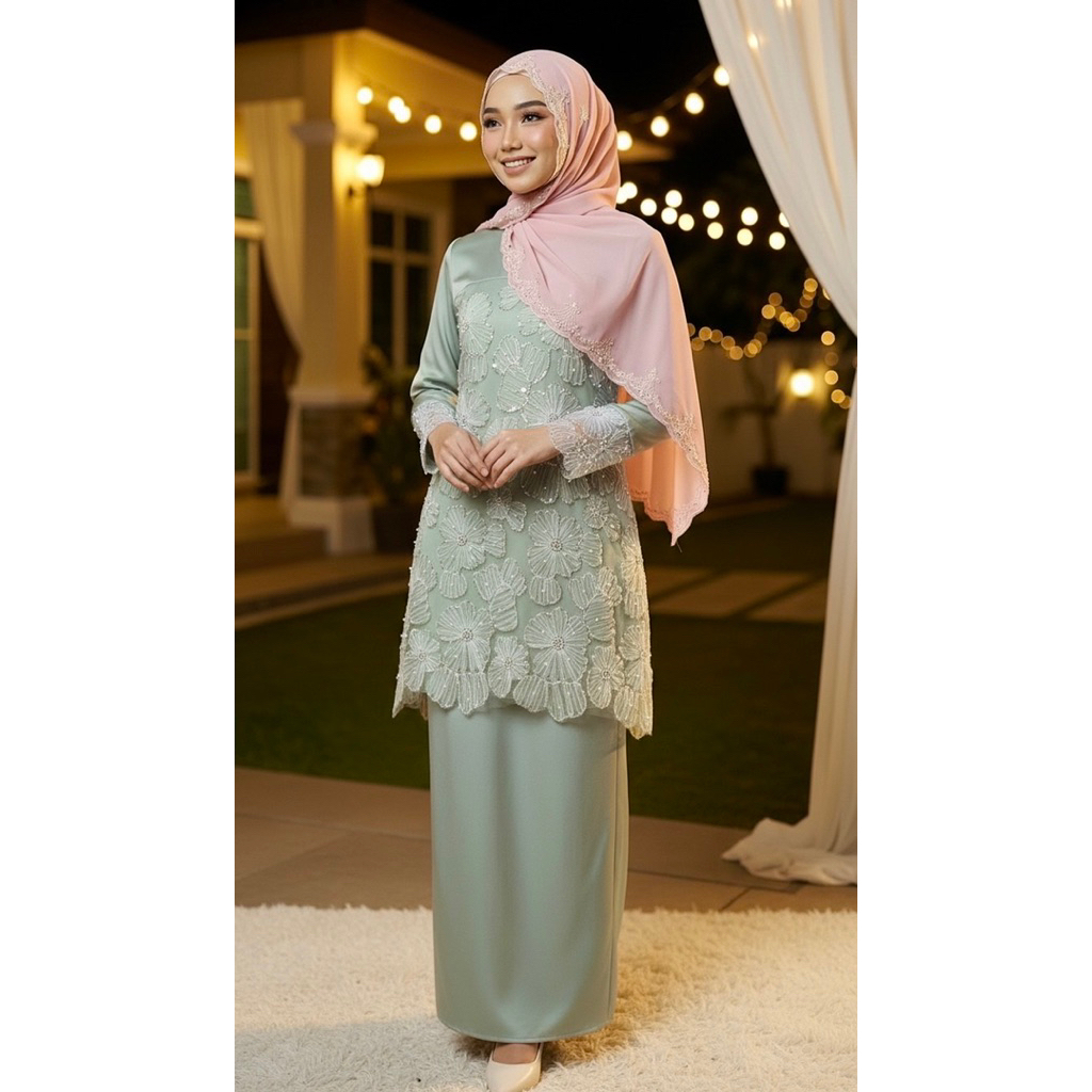 Kuntum Kurung Modern Lace 5D Labuci Lining Pearlskin Zarfina Luxe Raya ...