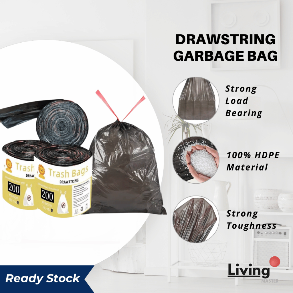 Drawstring Trash Bags 10L-15L Extra Thick | 200pcs Garbage Bag Roll ...