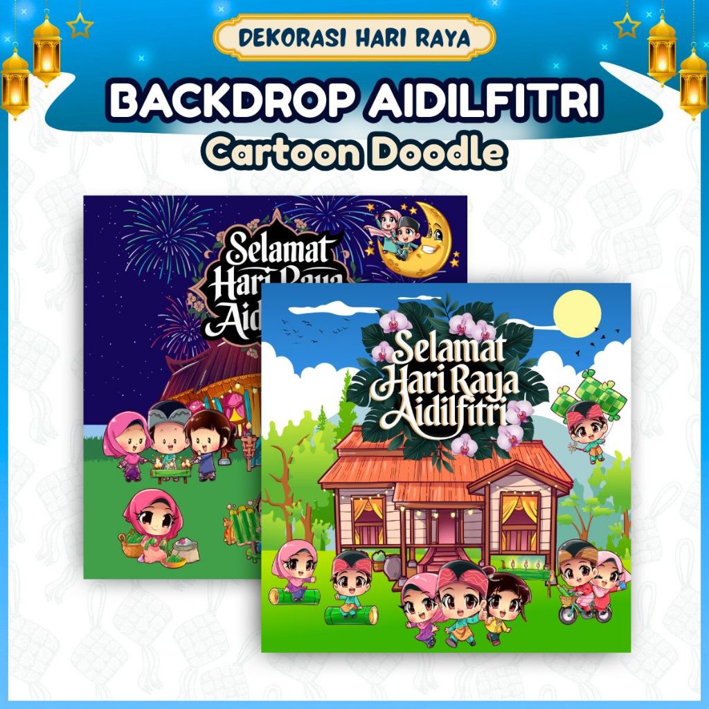 BACKDROP HIASAN DEKO HARI RAYA TEMA KARTUN / DOODLE PELBAGAI DESIGN ...