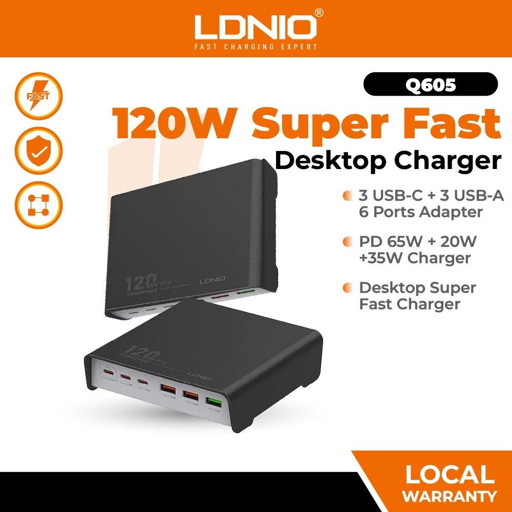 LDNIO Q605 PD 120W Super Fast Desktop Charging 3 USB-C + 3 USB-A Ports ...