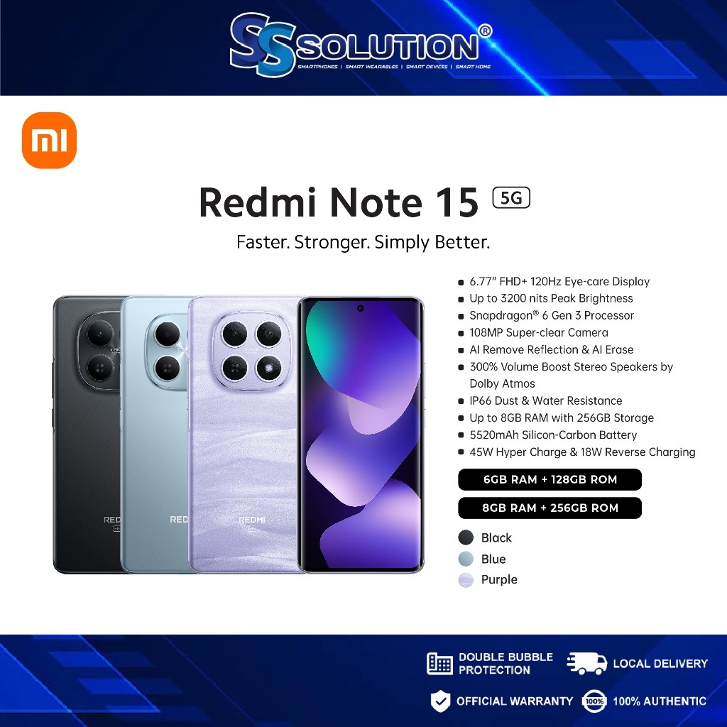 (NEW)Xiaomi Redmi Note 15 5G l 6/8GB RAM + 128GB/256GB ROM l 6.77" FHD+ Sunlight Display l 108MP Super-Clear camera