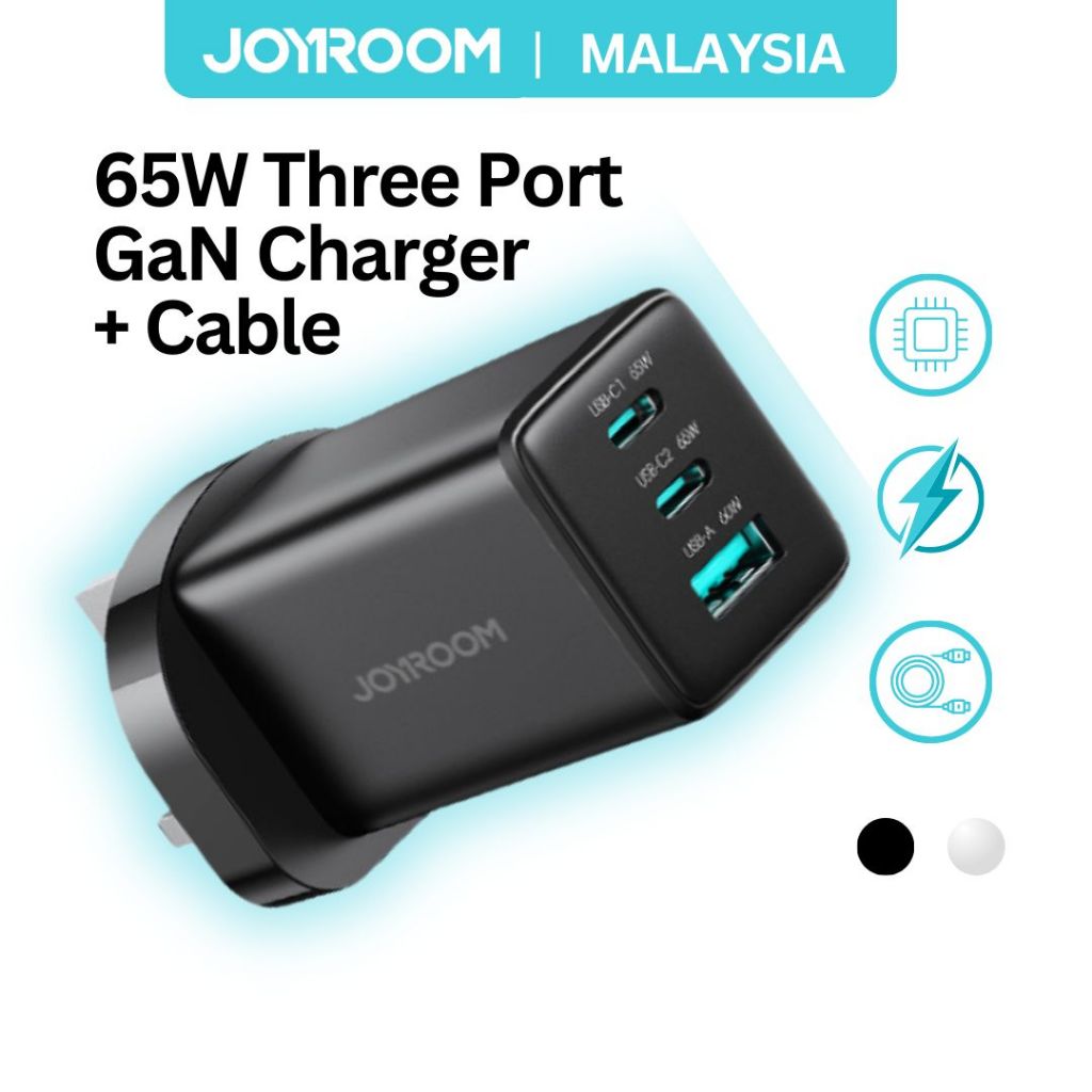 JOYROOM JR-TG10 65W GaN Fast Charger, 3-Port USB-C Compact Plug for Laptop, Phone & Tablet