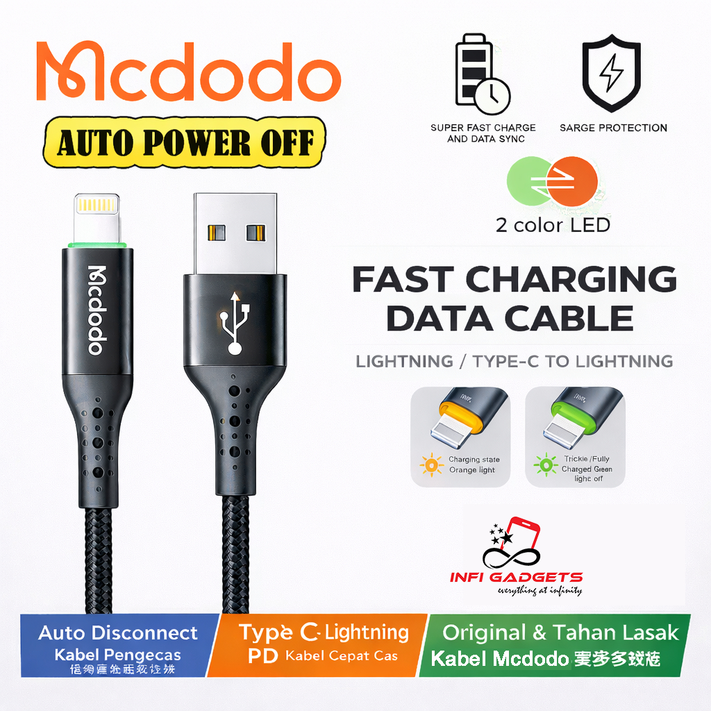 【1yr Warranty】Mcdodo Auto Disconnect PD Fast Charger LED Data Cable ...