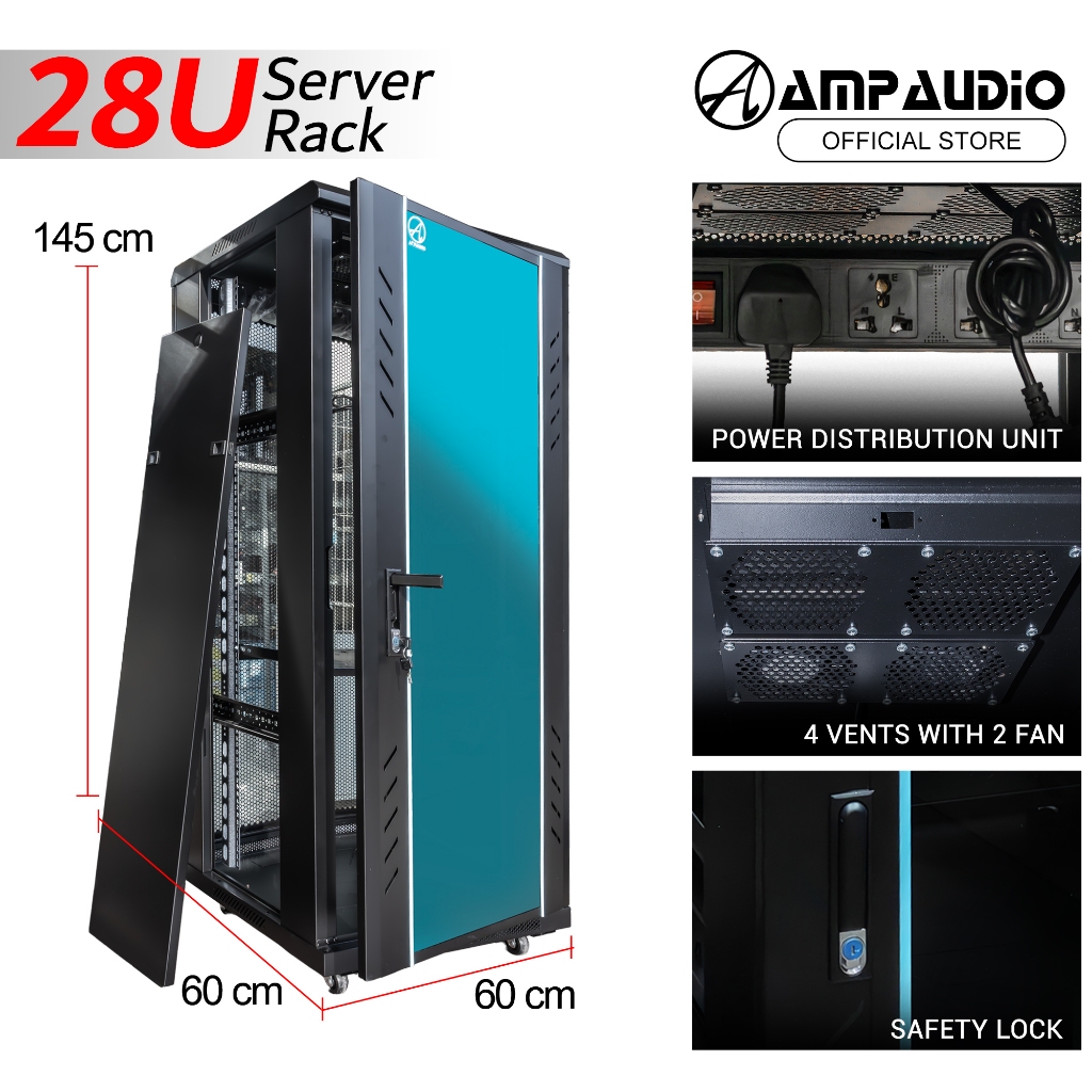 AmpAudio 28U Server Rack 60 cm Deep Cabinet Glass Door with PDU & Free ...