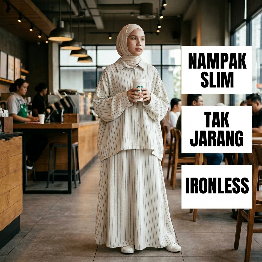 PANDAEYES DINA KEMEJA BUTTON STRIPE SET SKIRT SET Muslimah Labuh ...