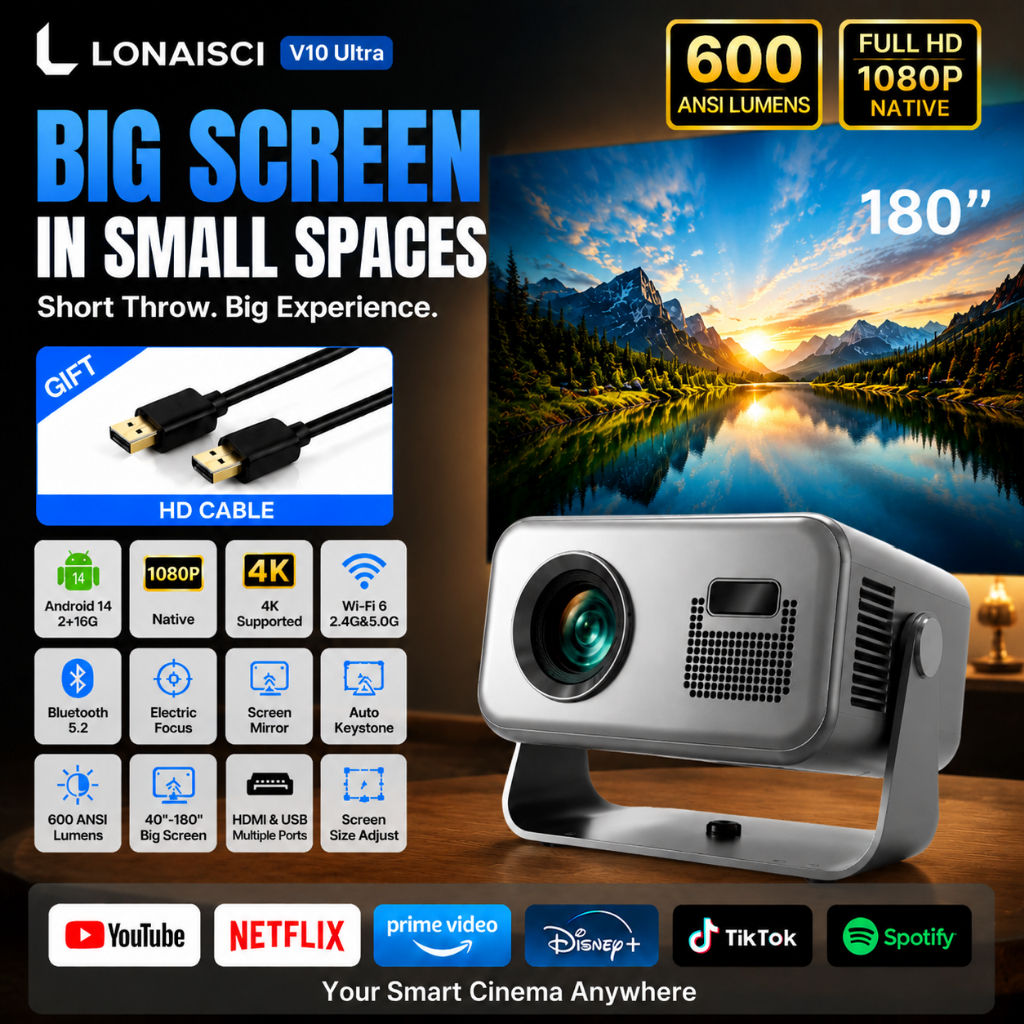 V10 Ultra 1080P Projector 4K Supported 600ANSI Short Throw Electric ...