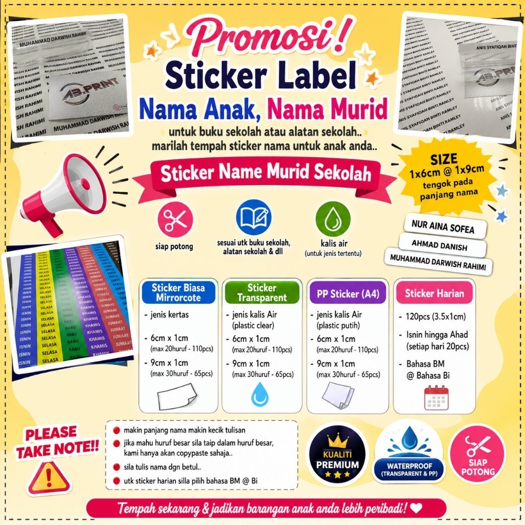 sticker nama anak , nama murid , alatan sekolah , sticker harian (60 ...
