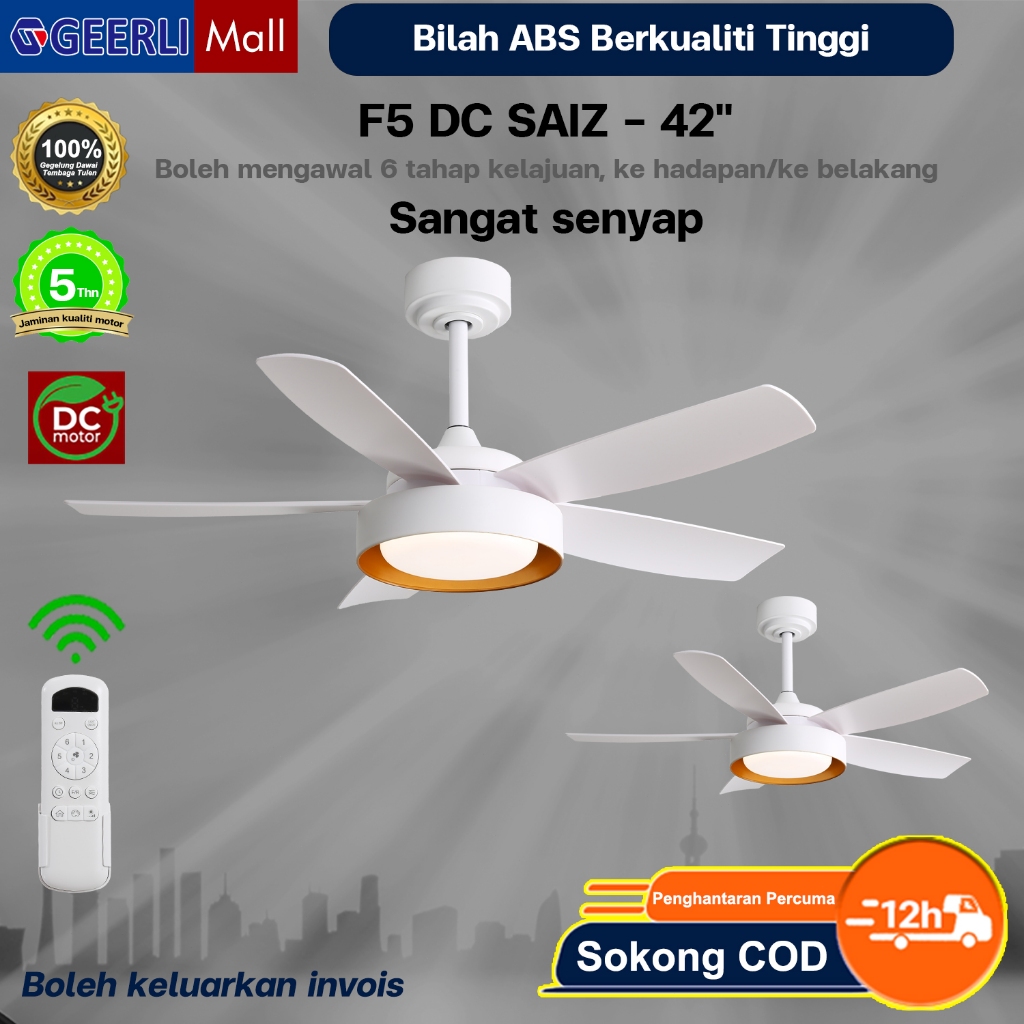 GEERLI 42 Inci Kipas Siling 5 Bilah Motor DC senyap 22W LED 6 kelajuan ...