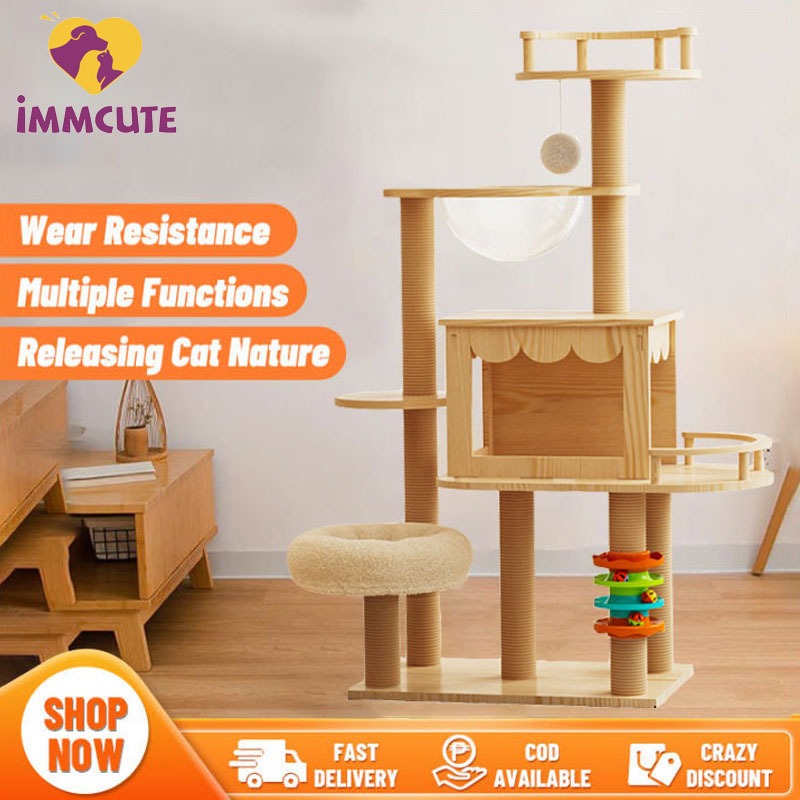 IMMCUTE Wooden Cat Tree Premium Climbing Frame Odorless Formaldehyde ...