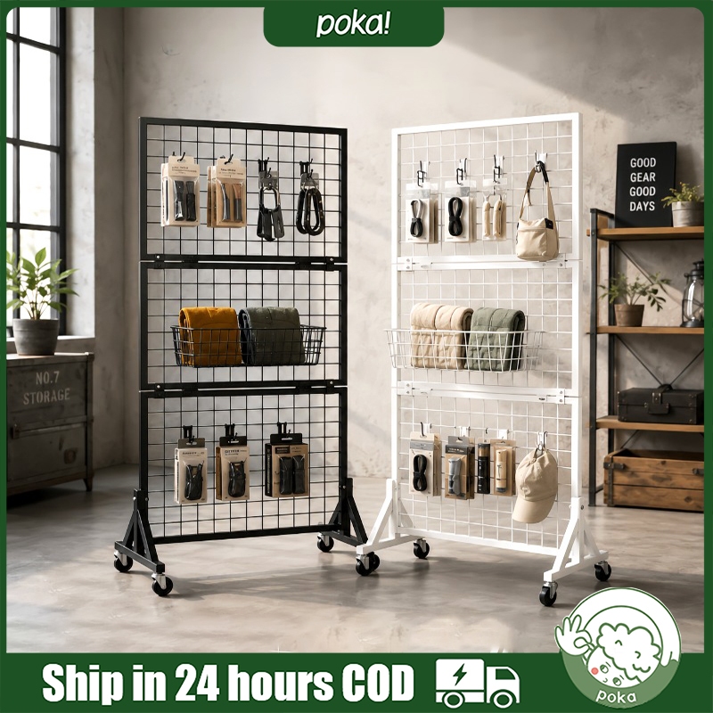 Foldable Mobile Grid Display Rack with Wheels,Metal Mesh Stand for ...