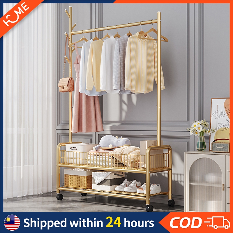 Strong Steel Structure Laundry Rack Single Pole Double Layer With Wheel ...