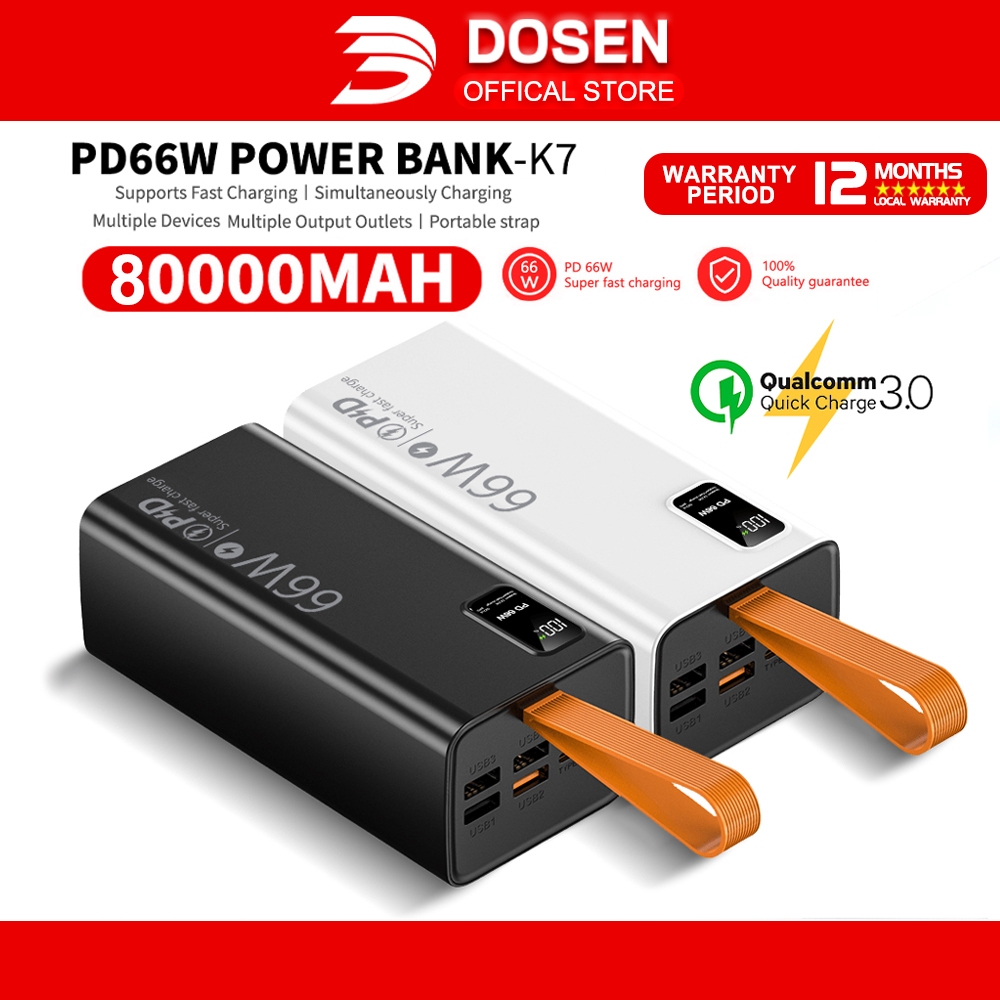 DOSEN Quality 66W Super Fast Charging Power Bank K7 Black/White QC 3.0Type-C Input USB (50000mAh/12000mAh/30000mah)