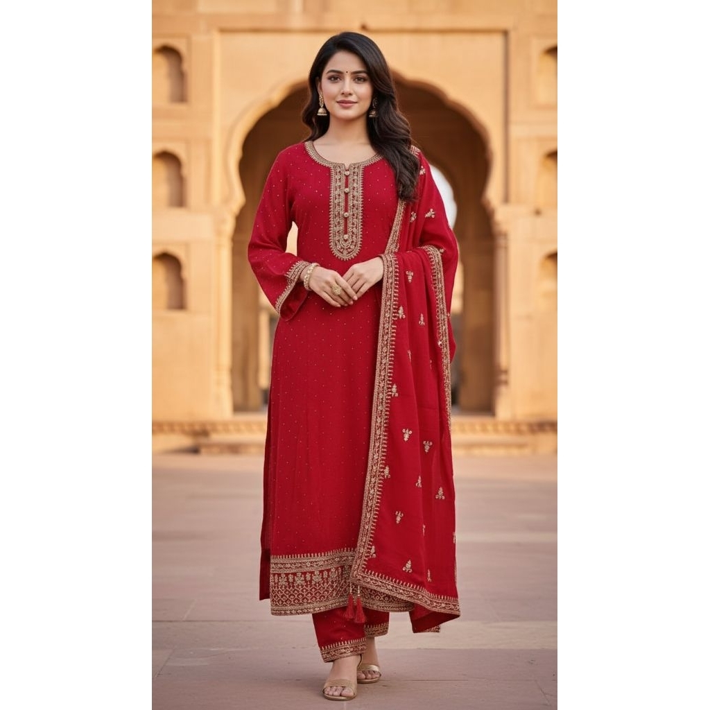 Red & Black Elegant Pure Salwar Suit Set With Dupatta main image 1