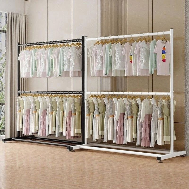 Double Layer Single Pole Floor-Standing Clothes Rack Laundry Hanging ...