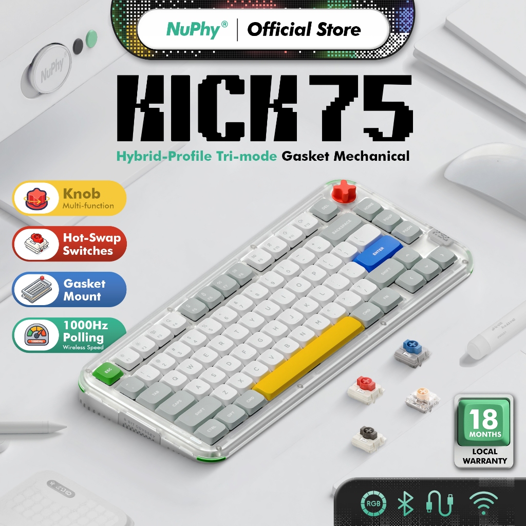 NuPhy Kick75 Wireless Mechanical Keyboard Bluetooth 5.1 2.4G USB-C Tri ...