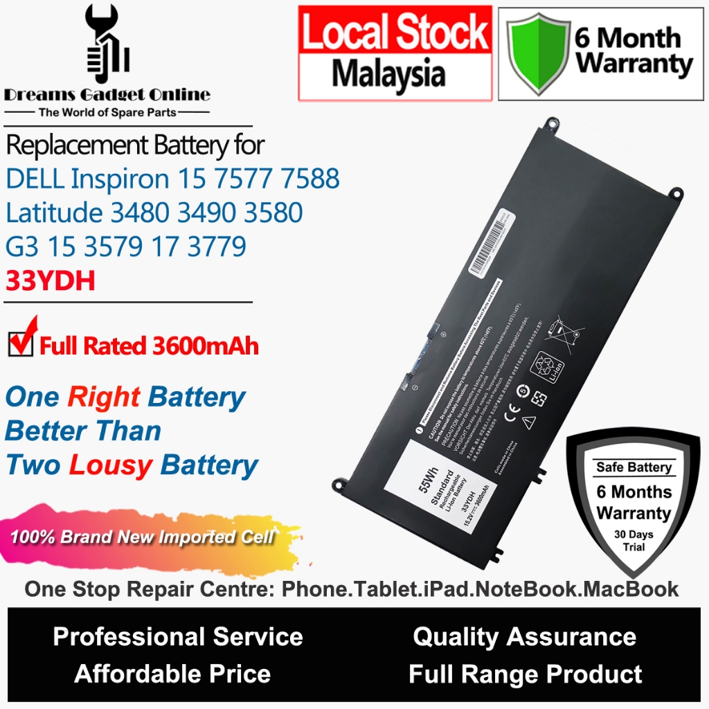 7XINbox 15.2V 56Wh 33YDH PVHT1 vervangende batterij voor Dell Inspiron 15 7577 17 7000 7773 7778 7779 Latitude 13 3380 14 3490 15 3580 3590 G3 15 3579 17 3779 G5 15 5587 G7 15 7588 Vostro 7570 7580 Series