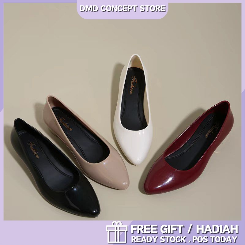 646 Women Low Block Heels Shoes Office Lady Glossy Surface Shell Kasut ...