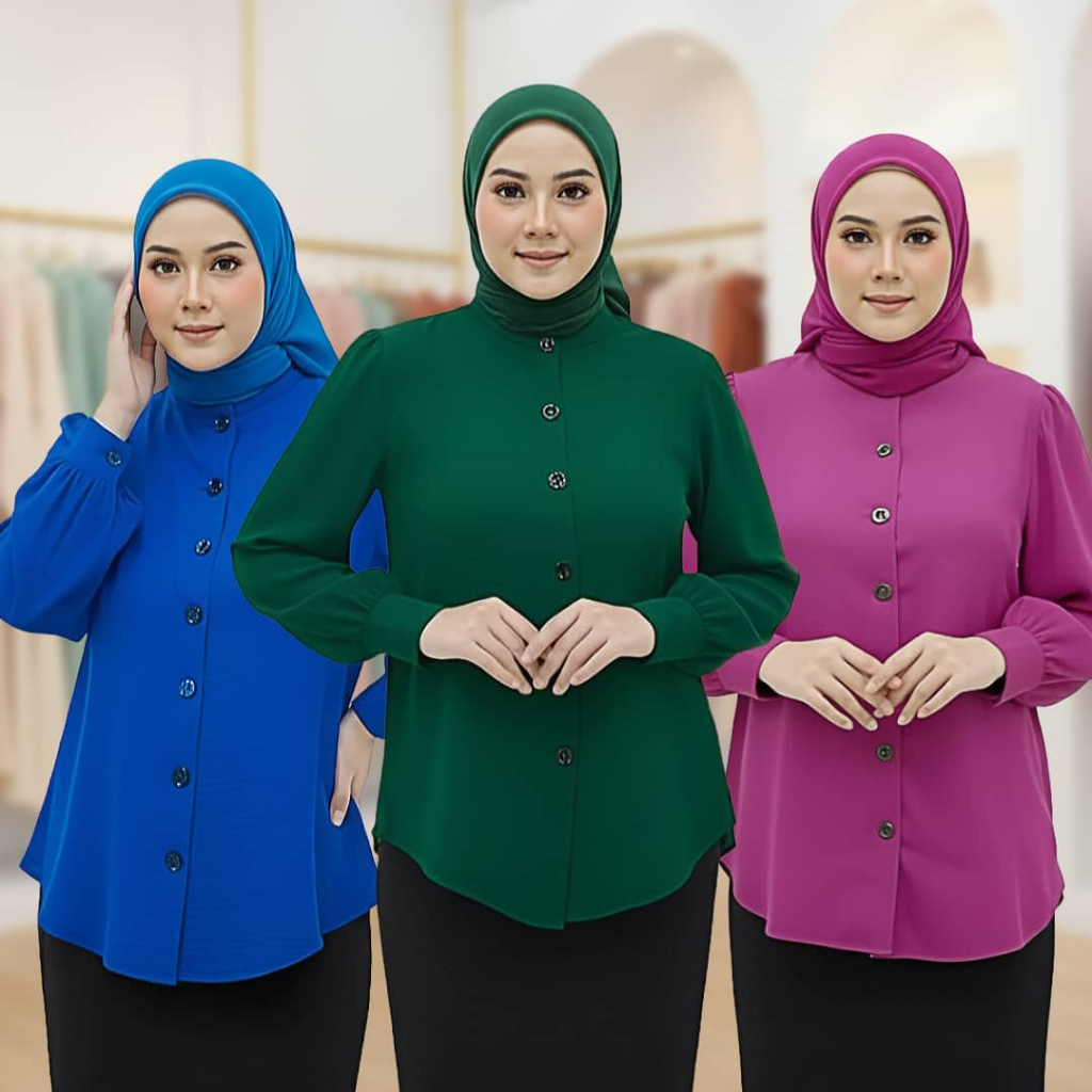 New Blouse Plain Kain Solid Cey Ironless Long Sleeve Ada Buttong Cantik ...