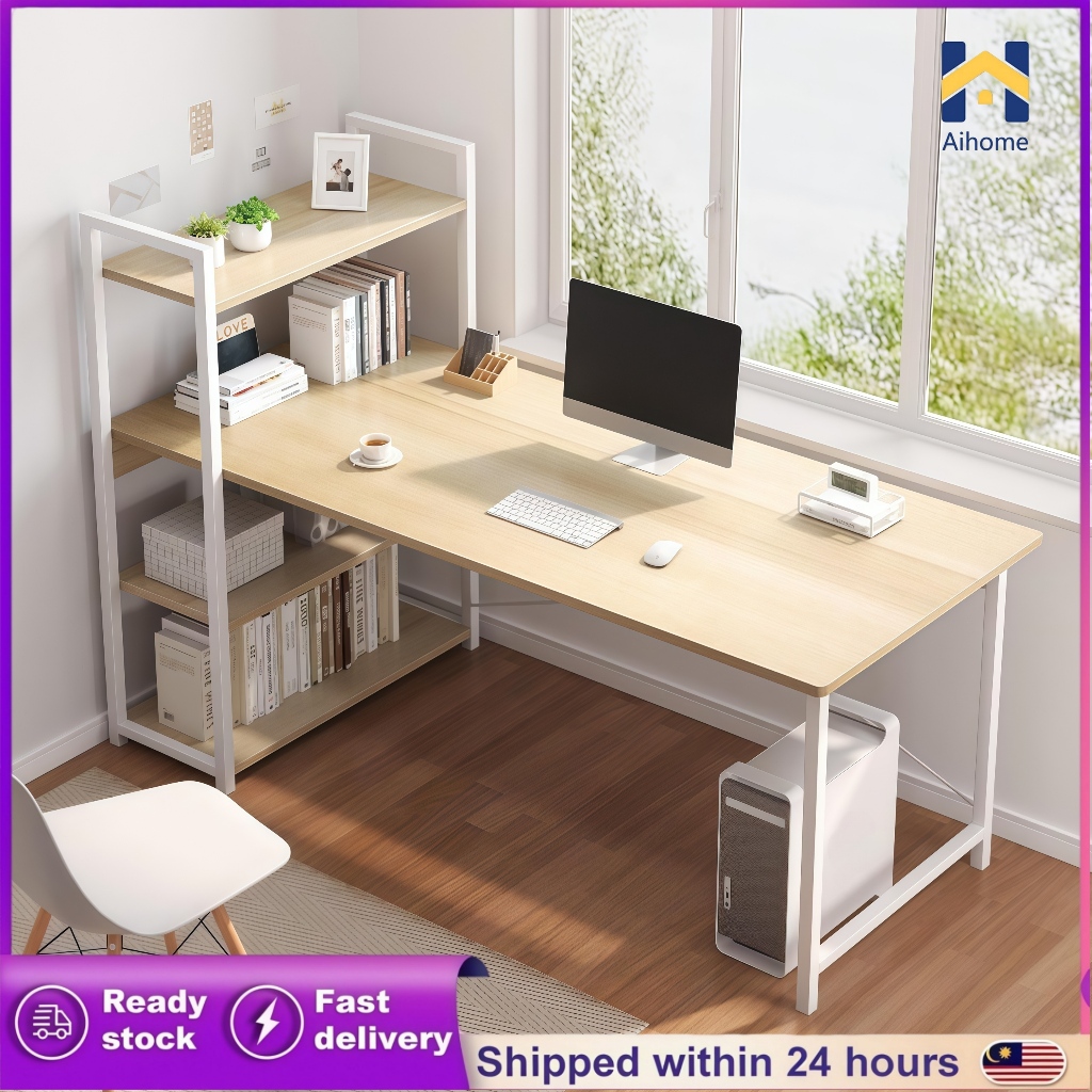 📝Meja Belajar Computer Table With BookShelf Office Study Writing Desk With  Drawer Meja Komputer 桌子