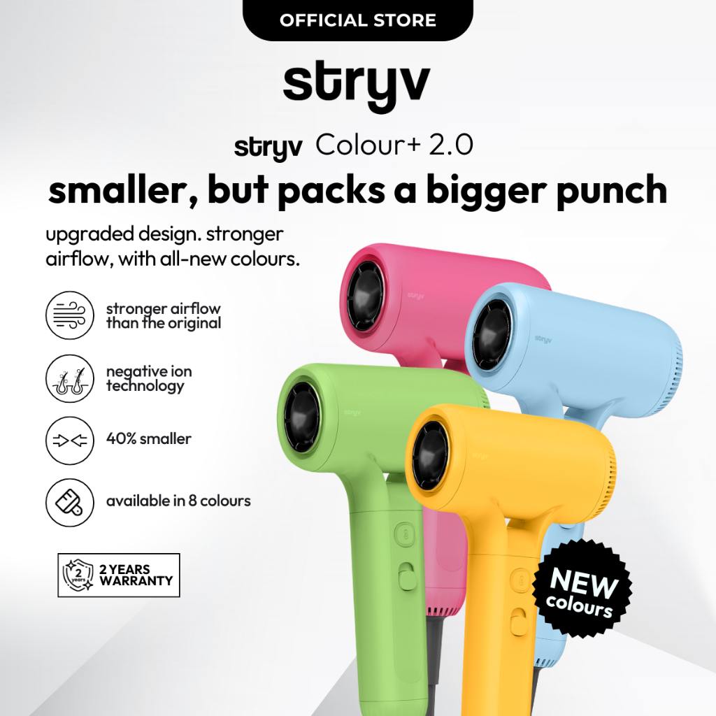 Stryv Colour+ 2.0 | Mini Hair Dryer | 4 Heat & 2 Speed Settings ...