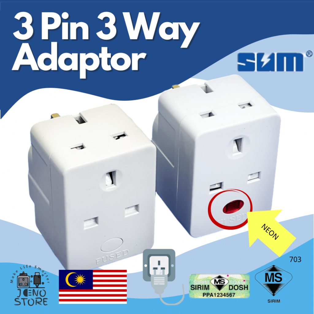 SIRIM SUM 3Way 3 Pin adapter with/without Neon Light UK Malaysia Plug ...