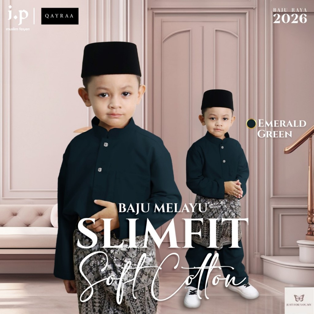 QAYRAA 2026🍂 EMERALD GREEN Baju Melayu Soft Cotton BUDAK Lelaki Slim ...