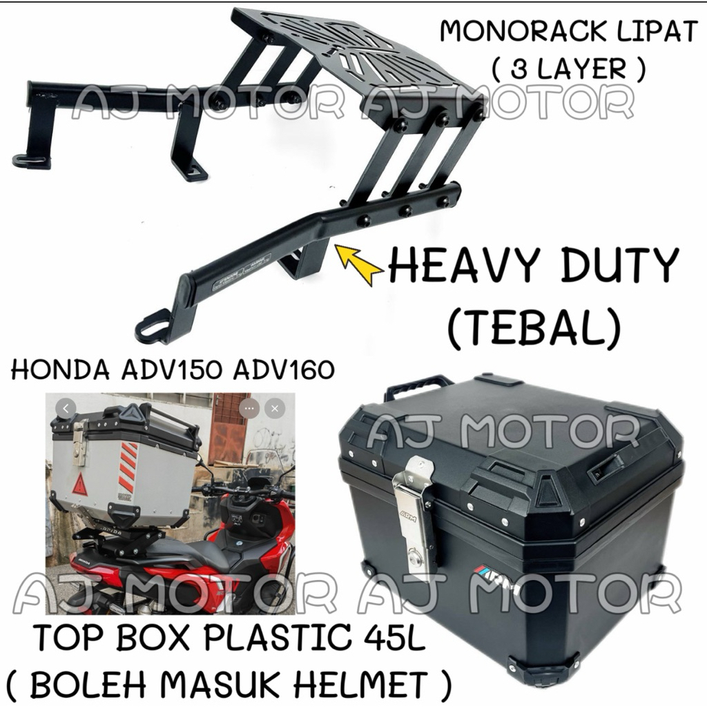 HONDA ADV150 ADV160 ADV MONORACK LIPAT 3 KAKI & TOP BOX PLASTIC 45L ...