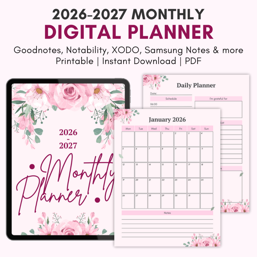 [DIGITAL DOWNLOAD] 2026-2027 Monthly Digital Planner | Pink Floral ...