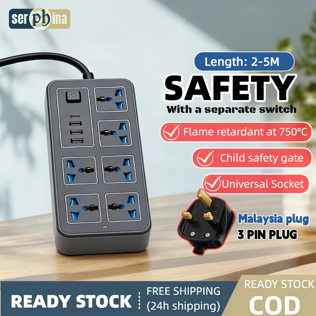 Universal 4/6 Power Socket Extension With USB Ports Power Strip Surge ...